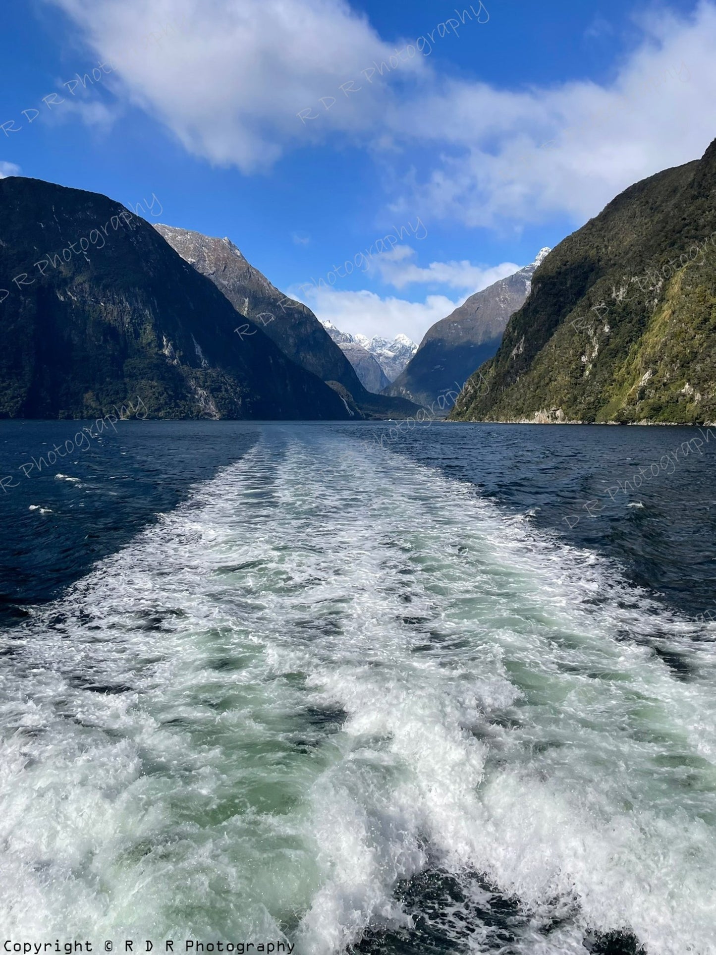 Boat wake stretching through Milford Sound, framed by steep green fjord cliffs and snow-capped mountains under a blue sky.