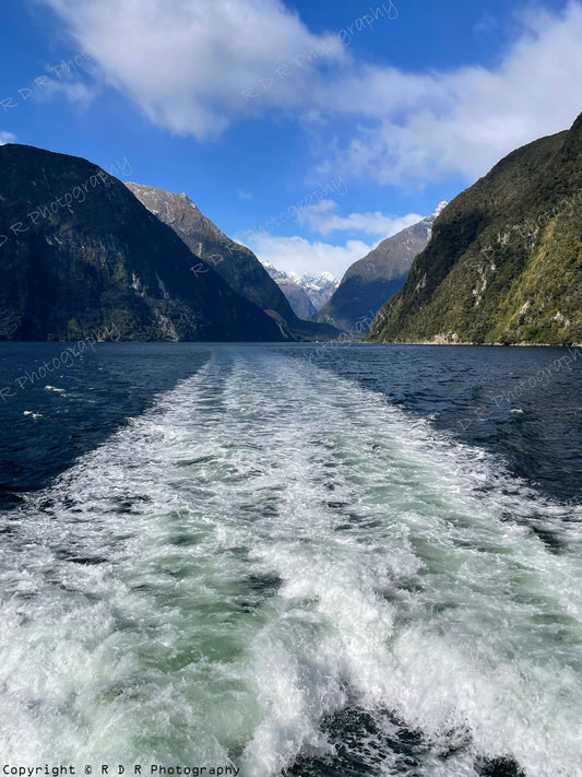 Boat wake stretching through Milford Sound, framed by steep green fjord cliffs and snow-capped mountains under a blue sky.